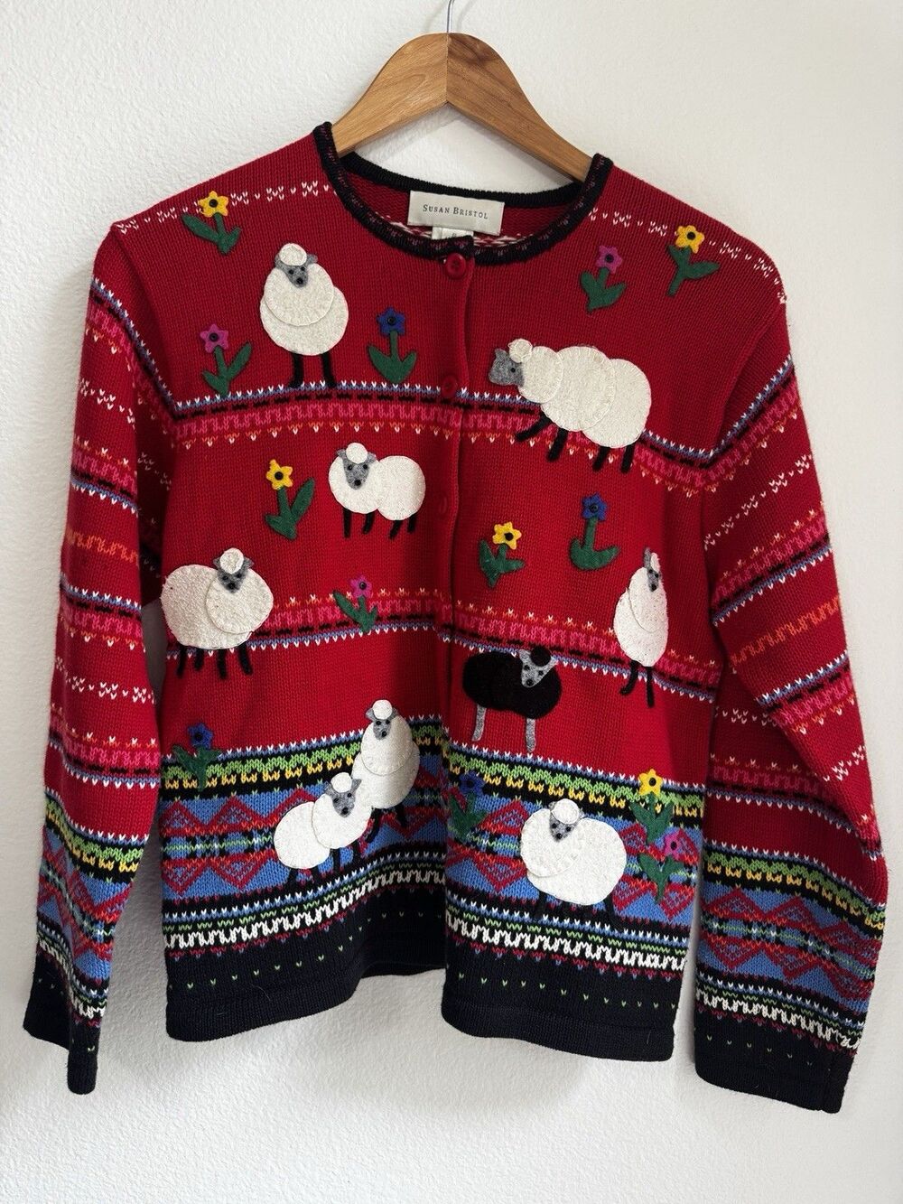 Susan Bristol vintage Hand Embroidered Knit Cardigan Sweater Sheep Flowers Small